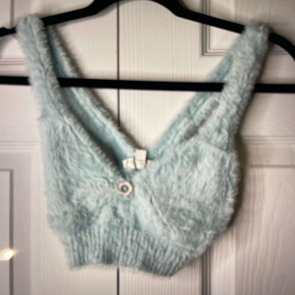 For Love & Lemons Fuzzy Knit Light Blue Crop Top Women's Size XX-Small XXS